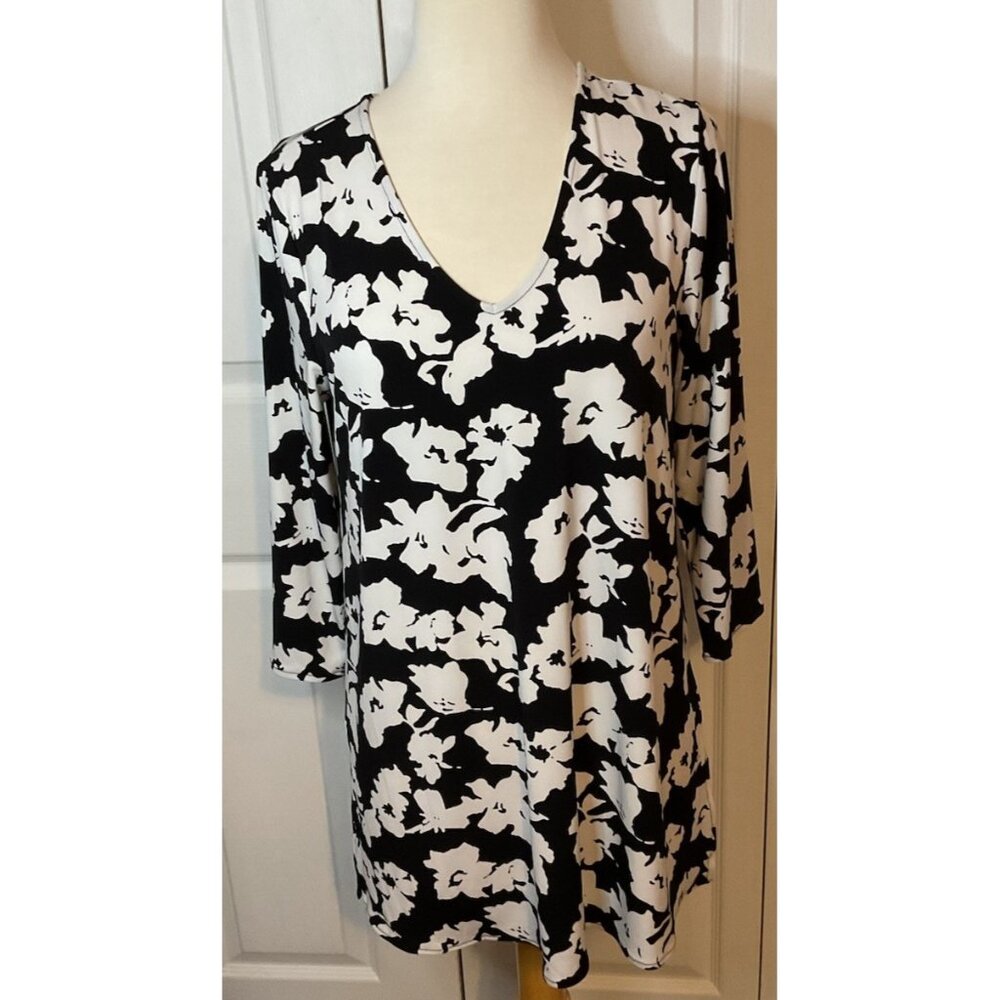 Alfani Black White Floral Tunic Top Mini Dress Long Sleeve Size‎ Small